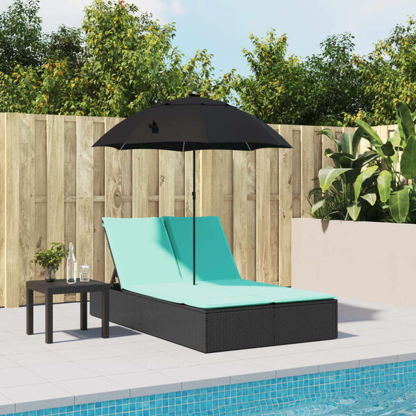 vidaXL Chaise longue double et coussins et parasol noir résine tressée