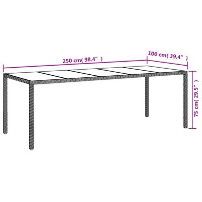 vidaXL Table de jardin gris 250x100x75 cm Verre trempé et poly rotin