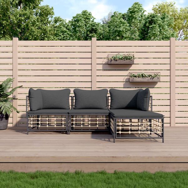 vidaXL Salon de jardin 4 pcs avec coussins anthracite r&eacute;sine tress&eacute;e