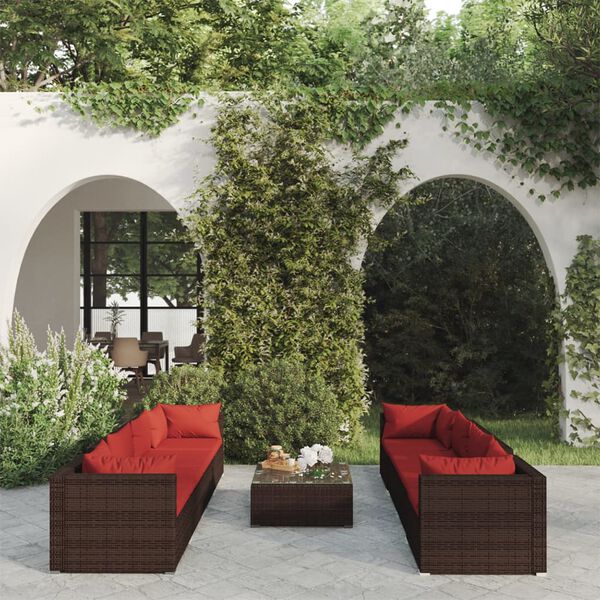 vidaXL Salon de jardin 9 pcs avec coussins r&eacute;sine tress&eacute;e marron