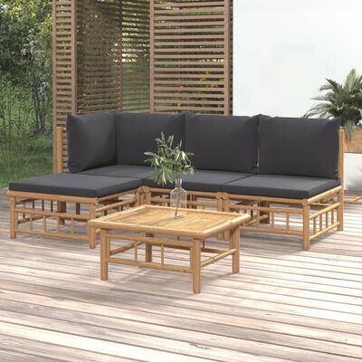 vidaXL Salon de jardin 5 pcs avec coussins gris foncé bambou