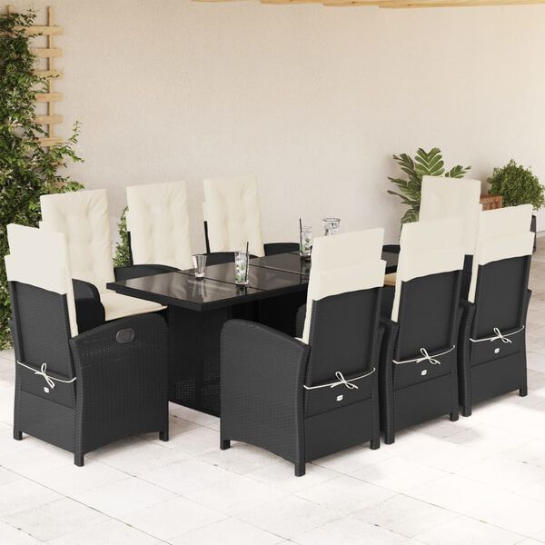 vidaXL Ensemble &agrave; manger de jardin 9pcs coussins noir r&eacute;sine tress&eacute;e