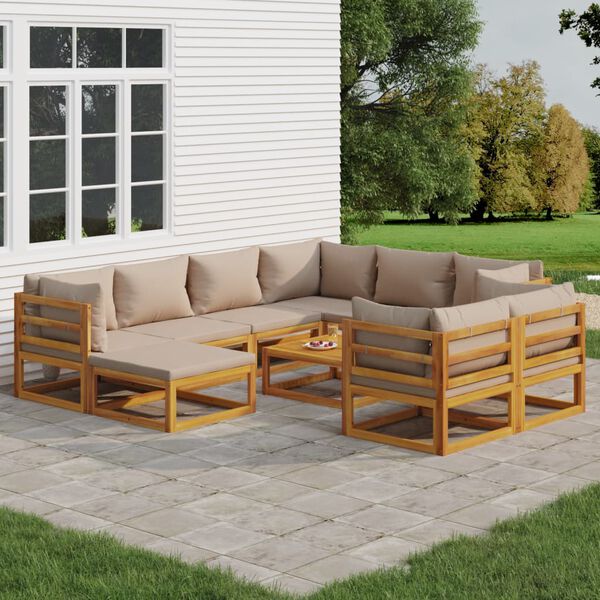 vidaXL Salon de jardin 10 pcs avec coussins taupe bois massif
