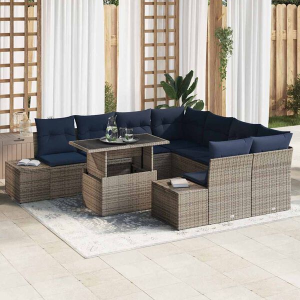 vidaXL Ensemble de canap&eacute; de jardin 9 pcs Gris et marine polyrotin