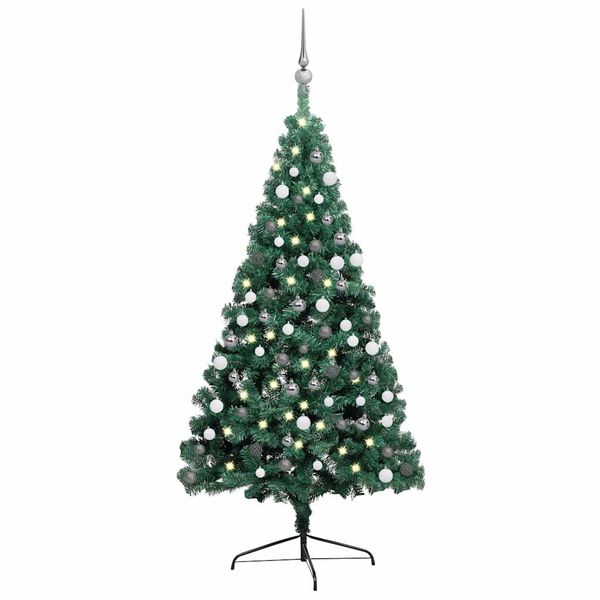 vidaXL Demi-arbre de No&euml;l artificiel pr&eacute;-&eacute;clair&eacute; et boules vert 120 cm