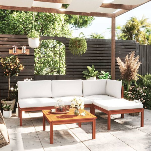 vidaXL Salon de jardin 5 pièces avec coussins, bois d'acacia crème et corde