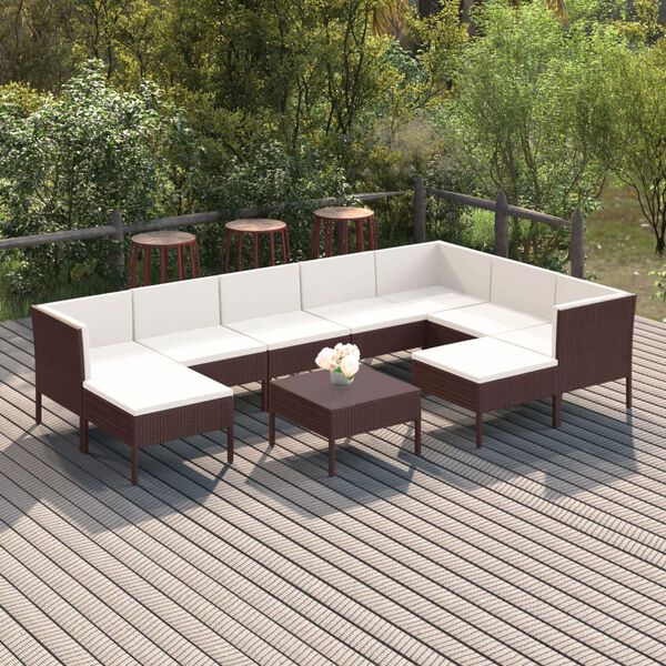 vidaXL Salon de jardin 10 pcs avec coussins R&eacute;sine tress&eacute;e Marron