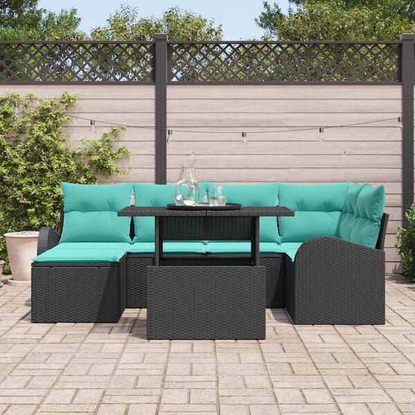 vidaXL Ensemble de canap&eacute; de jardin avec coussin 7 pcs Noir et bleu