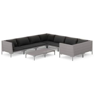 vidaXL Salon de jardin 9 pcs avec coussins R&eacute;sine tress&eacute;e Gris fonc&eacute;