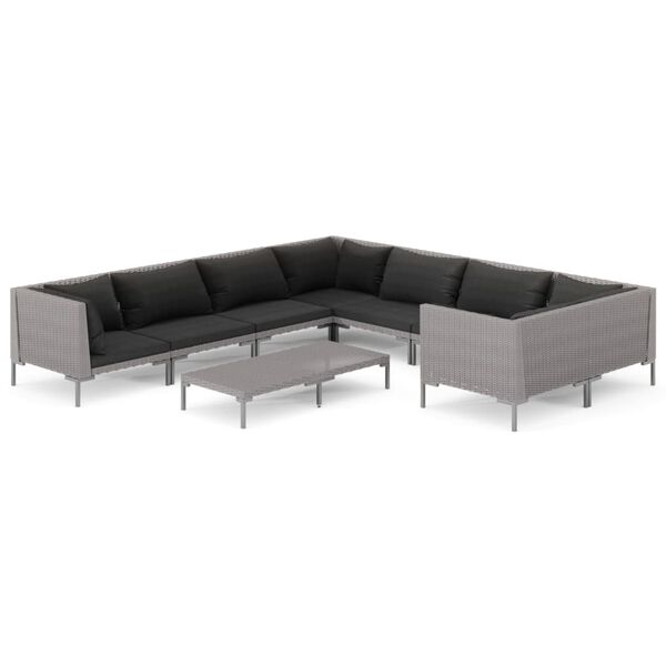 vidaXL Salon de jardin 9 pcs avec coussins R&eacute;sine tress&eacute;e Gris fonc&eacute;