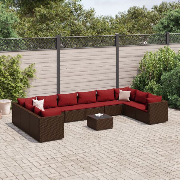vidaXL Salon de jardin 11 pcs avec coussins marron r&eacute;sine tress&eacute;e