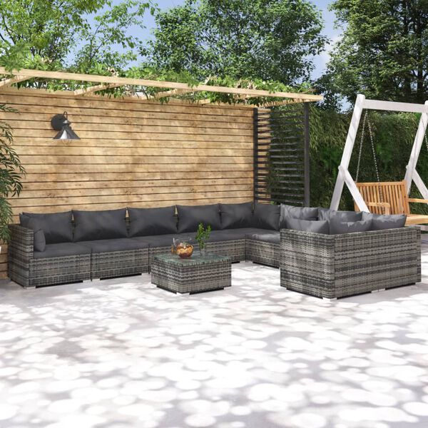 vidaXL Salon de jardin 10 pcs avec coussins R&eacute;sine tress&eacute;e Gris