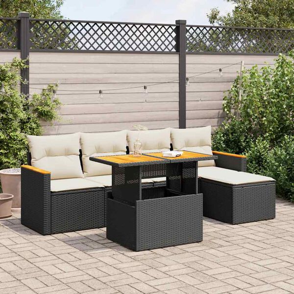vidaXL Salon de jardin 6 pcs avec coussins noir r&eacute;sine tress&eacute;e acacia