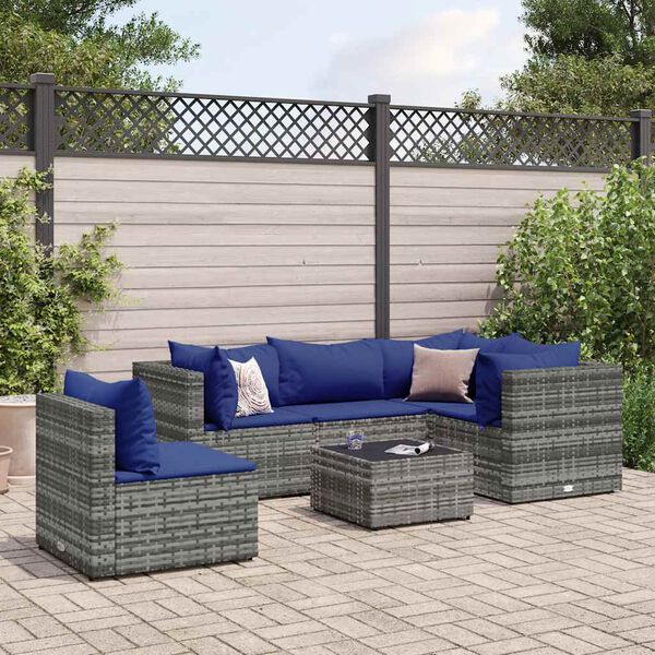 vidaXL Salon de jardin 6 pcs avec coussins Gris R&eacute;sine tress&eacute;e