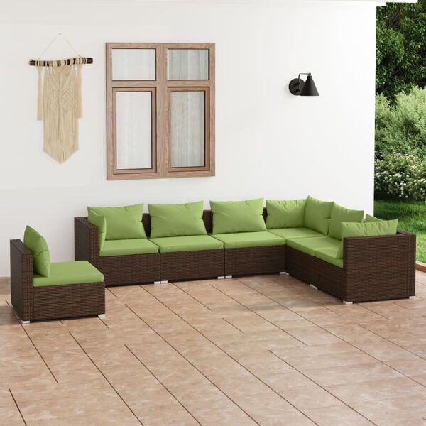 vidaXL Salon de jardin 7 pcs avec coussins R&eacute;sine tress&eacute;e Marron