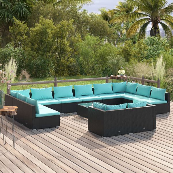 vidaXL Salon de jardin 13 pcs avec coussins Noir R&eacute;sine tress&eacute;e