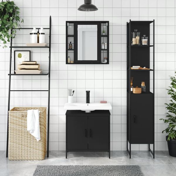 vidaXL Ensemble d'armoires salle de bain 3 pcs noir bois d'ing&eacute;nierie