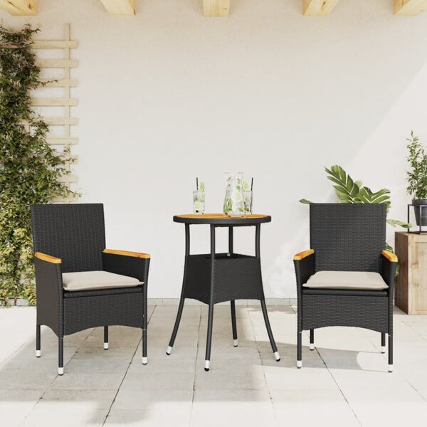 vidaXL Ensemble &agrave; manger de jardin et coussins 3 pcs noir rotin acacia