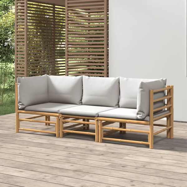 vidaXL Salon de jardin 3 pcs avec coussins gris clair bambou