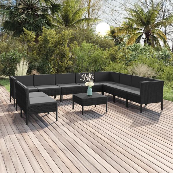 vidaXL Salon de jardin 11 pcs avec coussins R&eacute;sine tress&eacute;e Noir