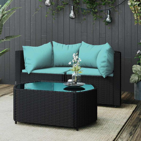 vidaXL Salon de jardin 3 pcs avec coussins Noir R&eacute;sine tress&eacute;e