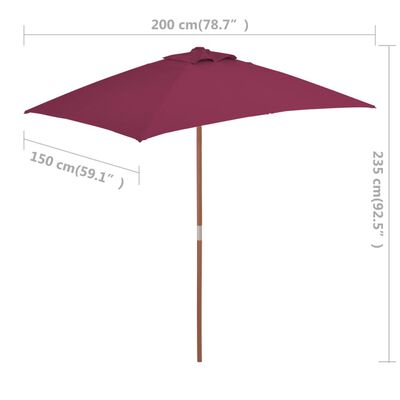 vidaXL Parasol d'extérieur avec mât en bois 150x200 cm rouge bordeaux