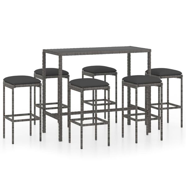 vidaXL Ensemble de bar de jardin 7 pcs et coussins Résine tressée Gris