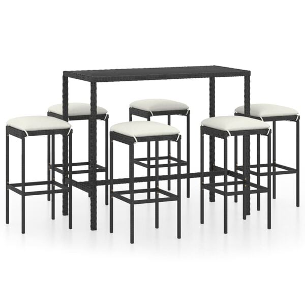 vidaXL Ensemble de bar de jardin 7 pcs et coussins R&eacute;sine tress&eacute;e Noir