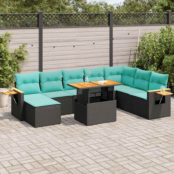 vidaXL Salon de jardin 10 pcs avec coussins noir r&eacute;sine tress&eacute;e acacia