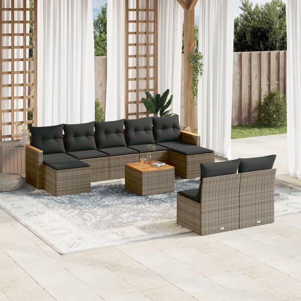 vidaXL Salon de jardin avec coussins 10 pcs gris r&eacute;sine tress&eacute;e