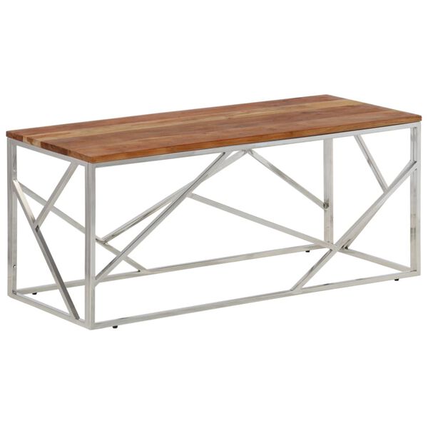 vidaXL Table basse argent&eacute; acier inoxydable et bois massif d'acacia