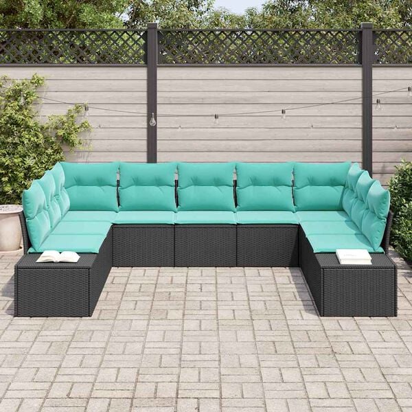 vidaXL Ensemble de canap&eacute; de jardin 9 pcs Noir et turquoise Polyrotin