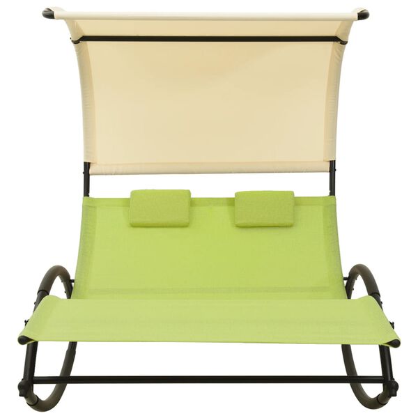 vidaXL Chaise longue double avec auvent textil&egrave;ne vert et cr&egrave;me