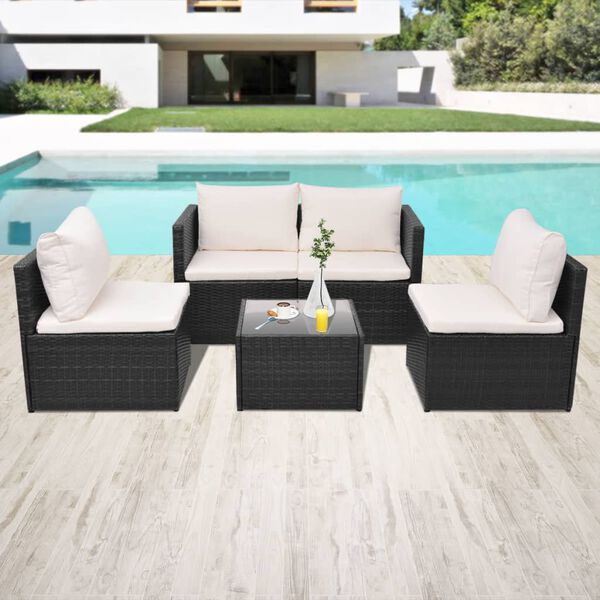 vidaXL Salon de jardin 5 pcs avec coussins r&eacute;sine tress&eacute;e noir
