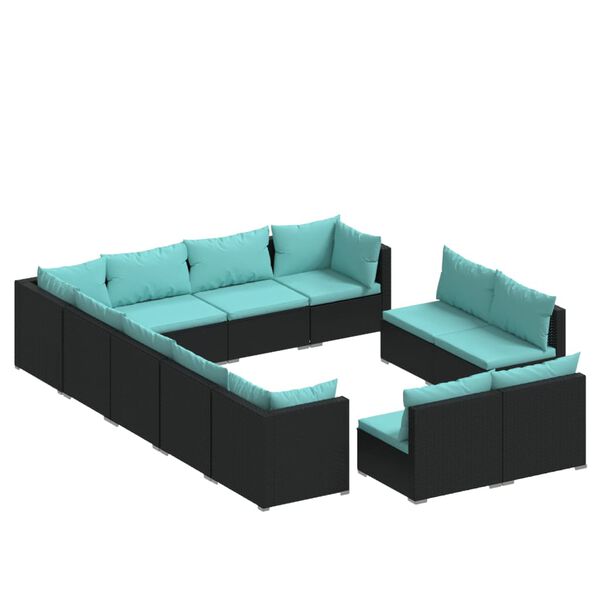 vidaXL Salon de jardin 12 pcs avec coussins Noir R&eacute;sine tress&eacute;e