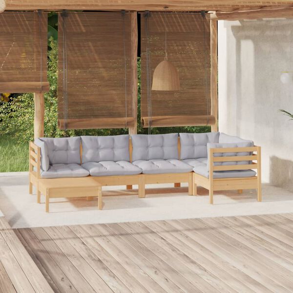vidaXL Salon de jardin 6 pcs avec coussins gris Bois de pin massif