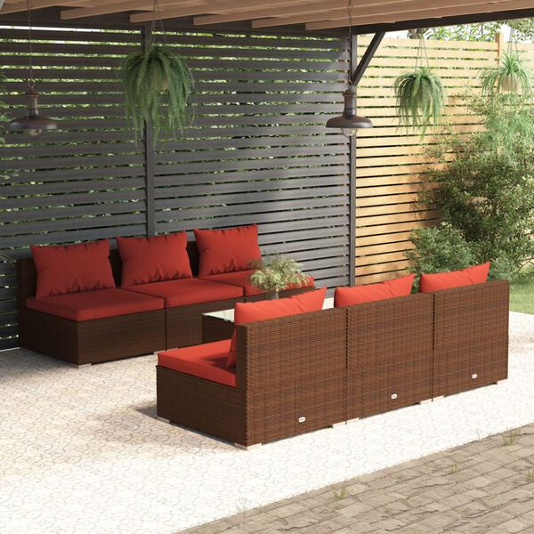 vidaXL Salon de jardin 7 pcs avec coussins R&eacute;sine tress&eacute;e Marron