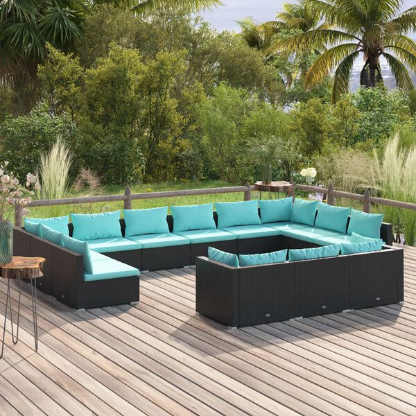 vidaXL Salon de jardin 13 pcs avec coussins Noir R&eacute;sine tress&eacute;e