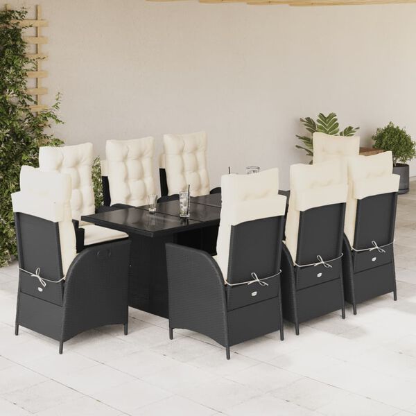 vidaXL Ensemble &agrave; manger de jardin 9pcs coussins noir r&eacute;sine tress&eacute;e