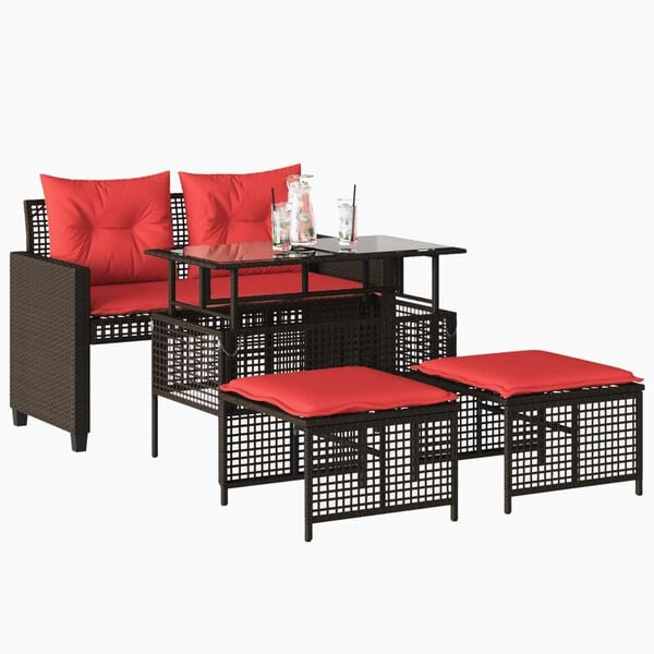 vidaXL Salon de jardin avec coussins 4 pcs marron r&eacute;sine tress&eacute;e verre
