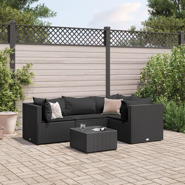 vidaXL Salon de jardin 5 pcs avec coussins Noir R&eacute;sine tress&eacute;e