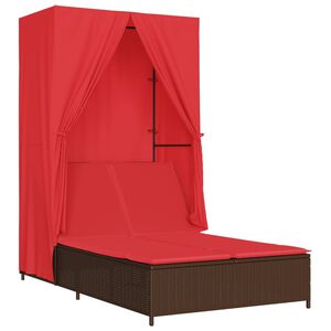 vidaXL Chaise longue double avec toit et rideaux marron résine tressée