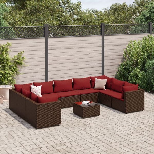 vidaXL Salon de jardin 10 pcs avec coussins marron r&eacute;sine tress&eacute;e