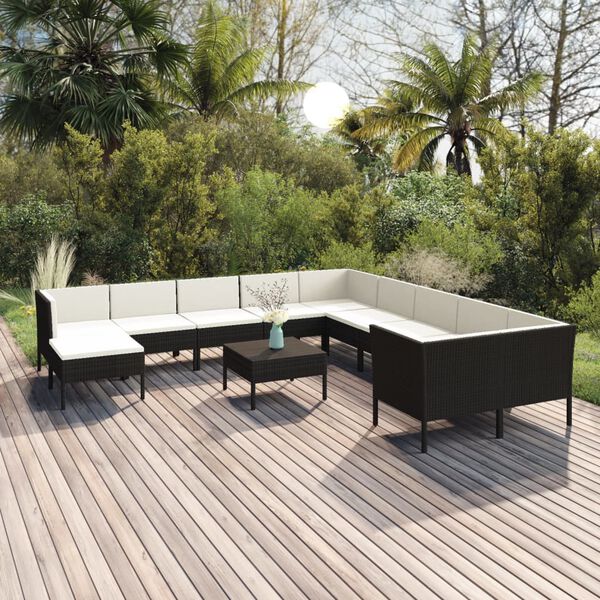 vidaXL Salon de jardin 12 pcs avec coussins r&eacute;sine tress&eacute;e noir