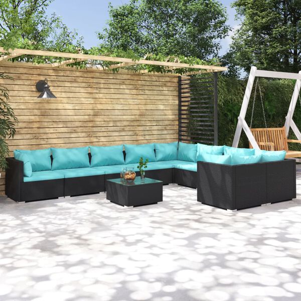 vidaXL Salon de jardin 10 pcs avec coussins R&eacute;sine tress&eacute;e Noir