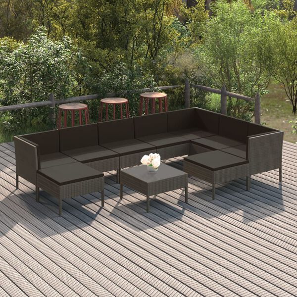 vidaXL Salon de jardin 10 pcs avec coussins R&eacute;sine tress&eacute;e Gris