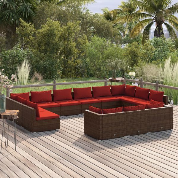 vidaXL Salon de jardin 13 pcs avec coussins Marron R&eacute;sine tress&eacute;e