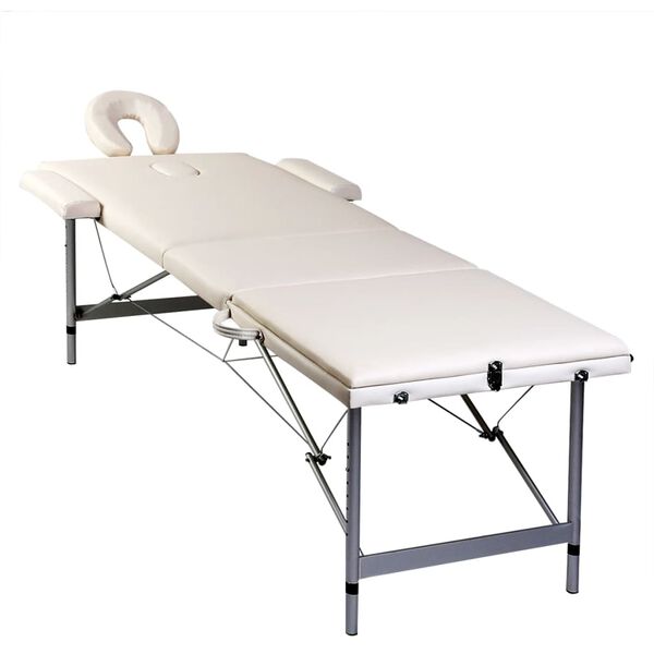vidaXL Table pliable de massage Blanc crème 3 zones cadre en aluminium