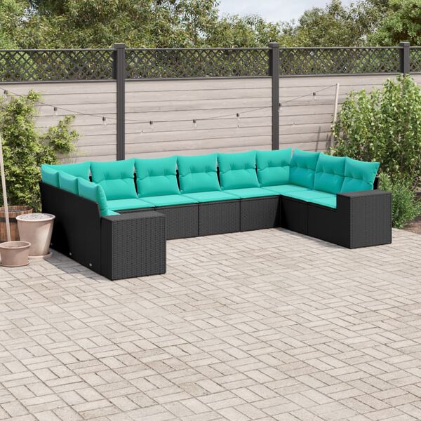 vidaXL Salon de jardin 10 pcs avec coussins noir résine tressée