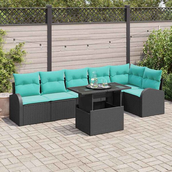 vidaXL Ensemble de canap&eacute; de jardin 7 pcs Noir et Bleu polyrotin